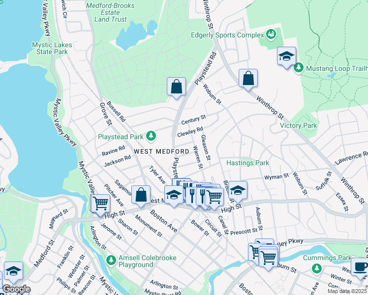 map of restaurants, bars, coffee shops, grocery stores, and more near in Medford