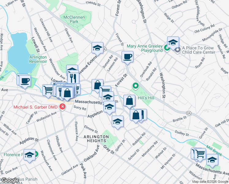 map of restaurants, bars, coffee shops, grocery stores, and more near 27 Peirce Street in Arlington