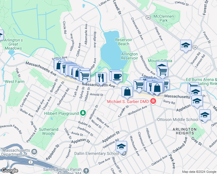 map of restaurants, bars, coffee shops, grocery stores, and more near 48 Dundee Road in Arlington