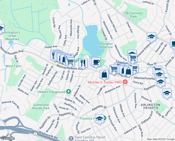 map of restaurants, bars, coffee shops, grocery stores, and more near 48 Dundee Road in Arlington
