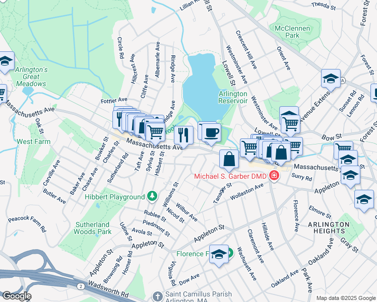 map of restaurants, bars, coffee shops, grocery stores, and more near 48 Dundee Road in Arlington