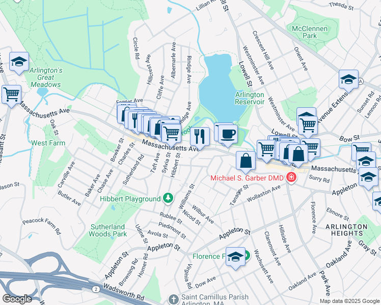 map of restaurants, bars, coffee shops, grocery stores, and more near 20 Lancaster Road in Arlington