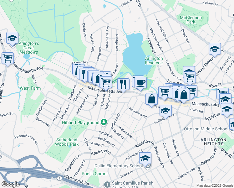 map of restaurants, bars, coffee shops, grocery stores, and more near 20 Lancaster Road in Arlington