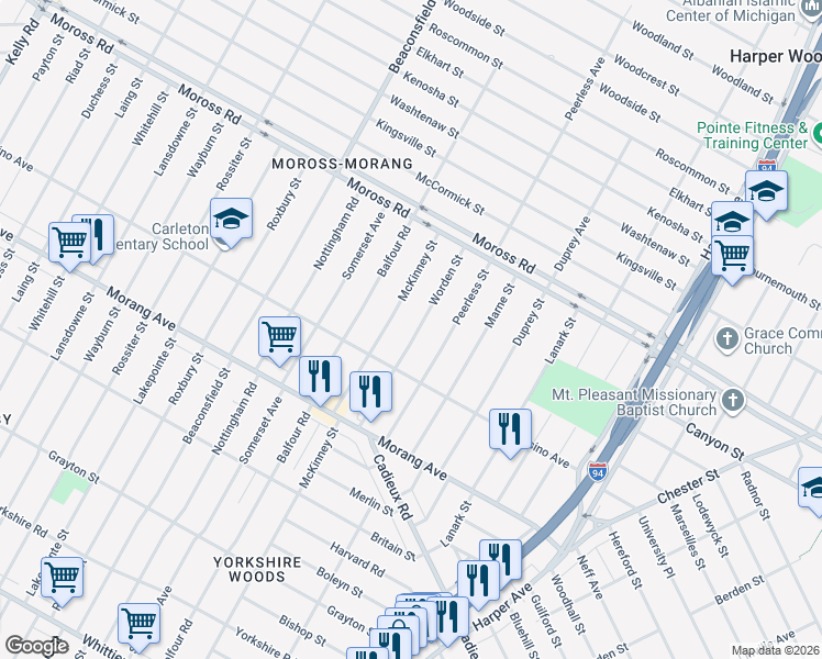 map of restaurants, bars, coffee shops, grocery stores, and more near 10861 Peerless Street in Detroit