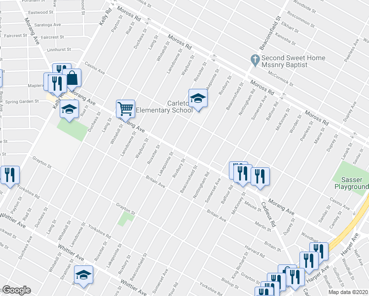 map of restaurants, bars, coffee shops, grocery stores, and more near 11501 Morang Avenue in Detroit