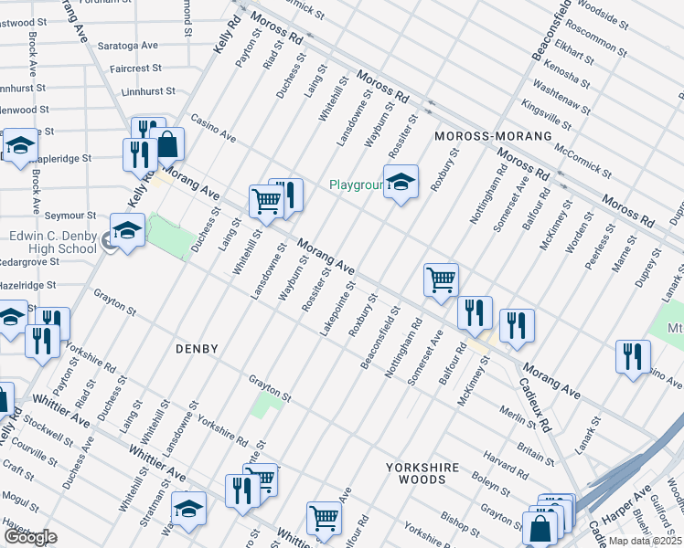 map of restaurants, bars, coffee shops, grocery stores, and more near 11515 Lakepointe Street in Detroit