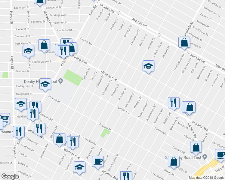 map of restaurants, bars, coffee shops, grocery stores, and more near 11637 Wayburn Street in Detroit