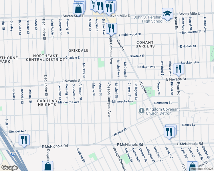 map of restaurants, bars, coffee shops, grocery stores, and more near 17860 Joseph Campau Avenue in Detroit