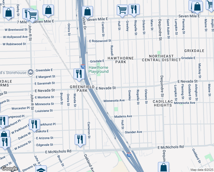 map of restaurants, bars, coffee shops, grocery stores, and more near 17863 Cardoni Street in Highland Park