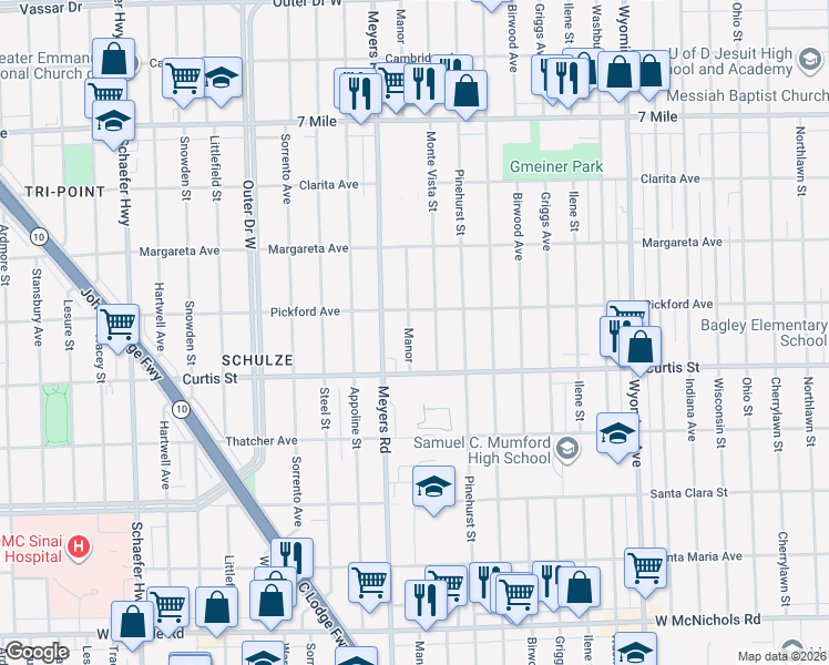 map of restaurants, bars, coffee shops, grocery stores, and more near 18228 Manor in Detroit