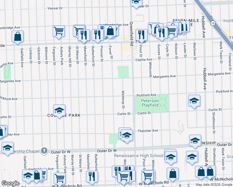 map of restaurants, bars, coffee shops, grocery stores, and more near 18296 Forrer Street in Detroit