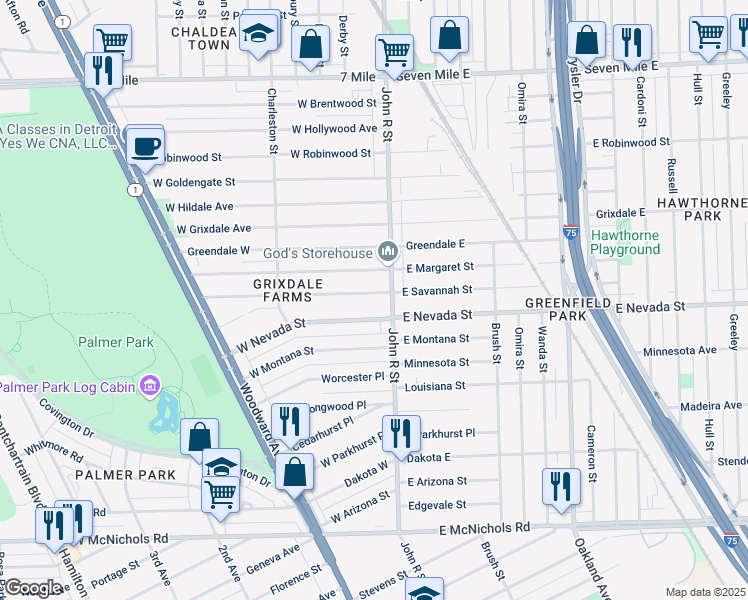 map of restaurants, bars, coffee shops, grocery stores, and more near 41 West Savannah Street in Highland Park