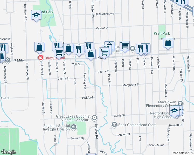 map of restaurants, bars, coffee shops, grocery stores, and more near 18696 Inkster Road in Wayne County