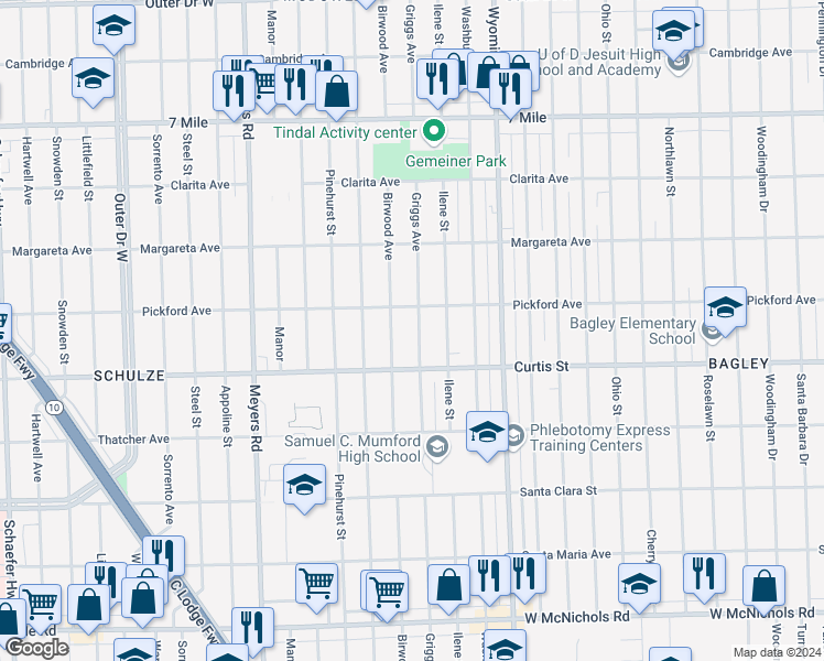 map of restaurants, bars, coffee shops, grocery stores, and more near 18271 Griggs Street in Detroit