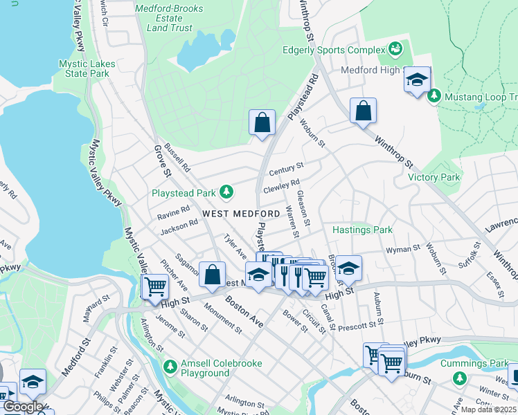map of restaurants, bars, coffee shops, grocery stores, and more near 2 Wheelwright Road in Medford