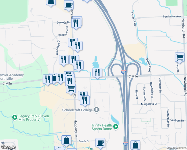 map of restaurants, bars, coffee shops, grocery stores, and more near 39040 West Seven Mile Road in Livonia