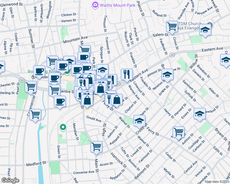 map of restaurants, bars, coffee shops, grocery stores, and more near 21 Wyeth Street in Malden