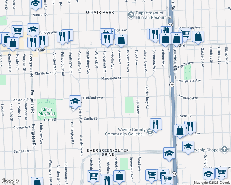 map of restaurants, bars, coffee shops, grocery stores, and more near 18329 Stahelin Avenue in Detroit