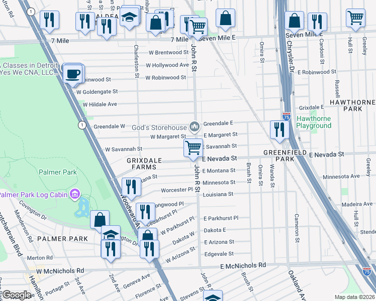 map of restaurants, bars, coffee shops, grocery stores, and more near 41 West Savannah Street in Highland Park