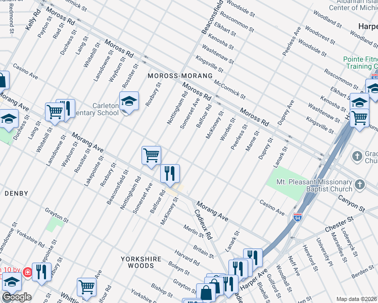 map of restaurants, bars, coffee shops, grocery stores, and more near 11216 Balfour Road in Detroit