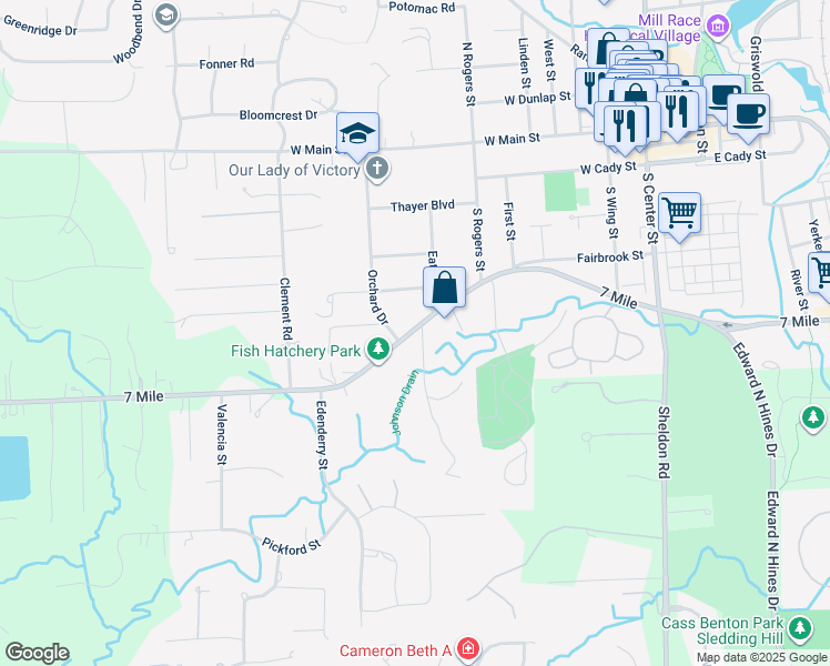 map of restaurants, bars, coffee shops, grocery stores, and more near 602 Fairbrook Street in Northville