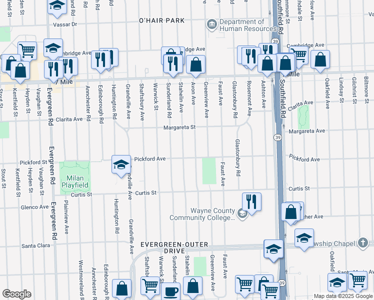 map of restaurants, bars, coffee shops, grocery stores, and more near 18487 Stahelin Avenue in Detroit