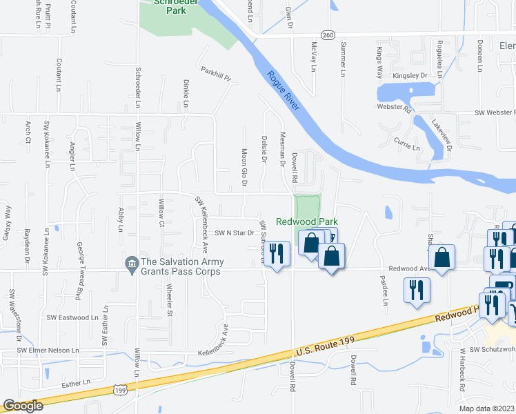 map of restaurants, bars, coffee shops, grocery stores, and more near 1352 Star Court in Grants Pass