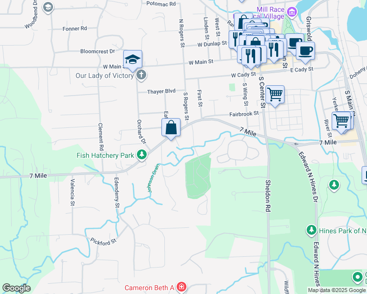 map of restaurants, bars, coffee shops, grocery stores, and more near 607 Fairbrook Street in Northville