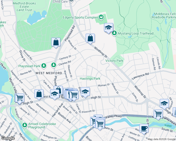 map of restaurants, bars, coffee shops, grocery stores, and more near 138 Woburn Street in Medford