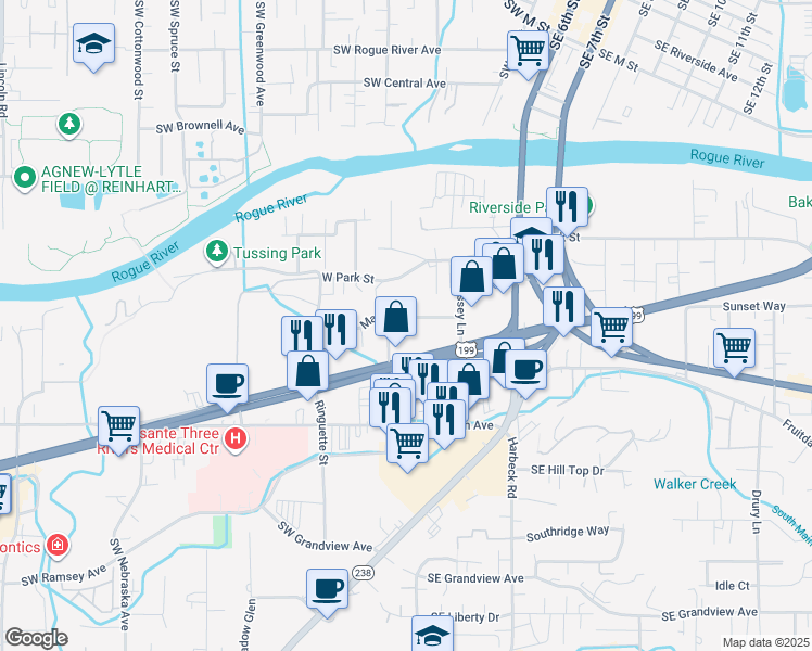 map of restaurants, bars, coffee shops, grocery stores, and more near 333 West Park Street in Grants Pass