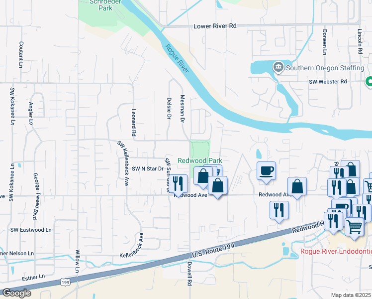 map of restaurants, bars, coffee shops, grocery stores, and more near 774 Mesman Drive in Grants Pass