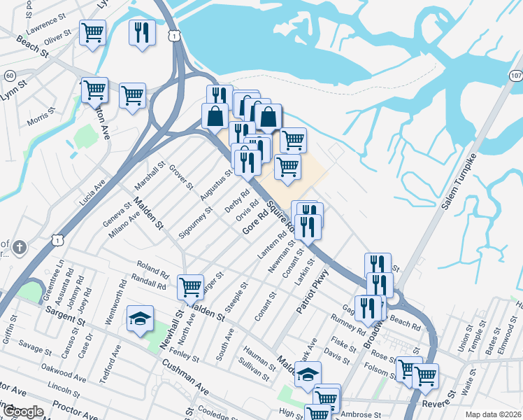 map of restaurants, bars, coffee shops, grocery stores, and more near 282 Squire Road in Revere