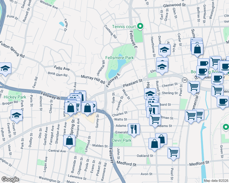map of restaurants, bars, coffee shops, grocery stores, and more near 529 A Pleasant Street in Malden