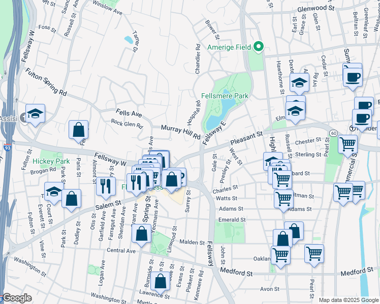 map of restaurants, bars, coffee shops, grocery stores, and more near 32 Murray Hill Park in Malden