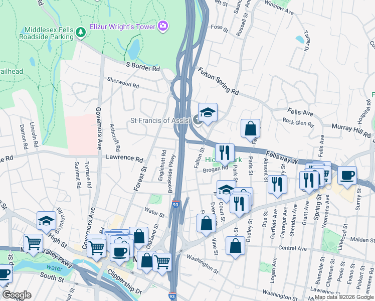 map of restaurants, bars, coffee shops, grocery stores, and more near 28 Valley Street in Medford
