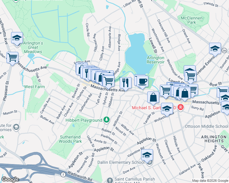 map of restaurants, bars, coffee shops, grocery stores, and more near 48 Massachusetts Avenue in Lexington