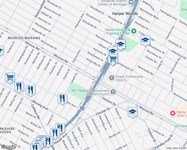 map of restaurants, bars, coffee shops, grocery stores, and more near 20677 McCormick Street in Detroit