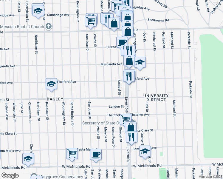 map of restaurants, bars, coffee shops, grocery stores, and more near 18307 Santa Rosa Drive in Detroit