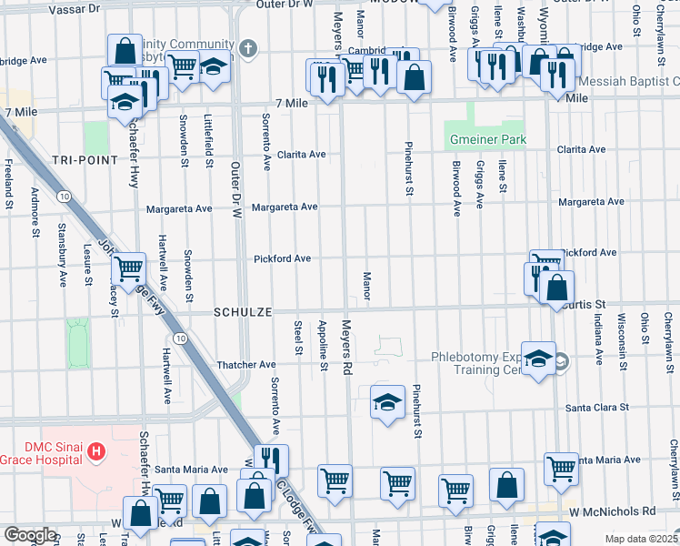map of restaurants, bars, coffee shops, grocery stores, and more near 18400 Meyers Road in Detroit