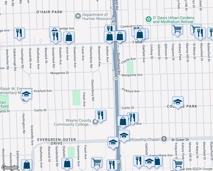 map of restaurants, bars, coffee shops, grocery stores, and more near 18474 Ashton Avenue in Detroit
