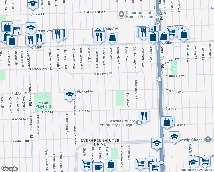 map of restaurants, bars, coffee shops, grocery stores, and more near 18487 Stahelin Avenue in Detroit