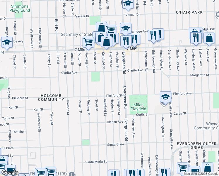 map of restaurants, bars, coffee shops, grocery stores, and more near 18509 Heyden Street in Detroit