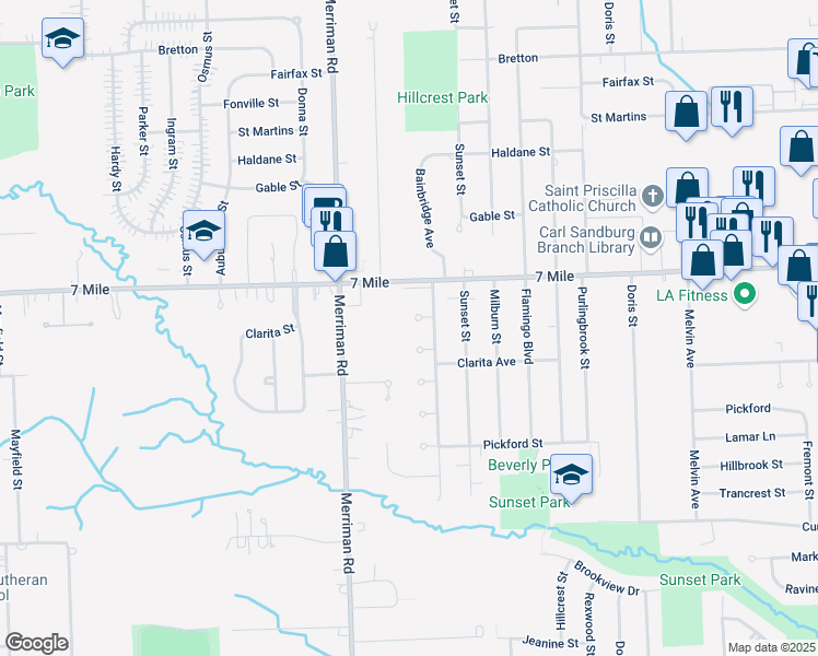 map of restaurants, bars, coffee shops, grocery stores, and more near 18999 Bainbridge Avenue in Livonia