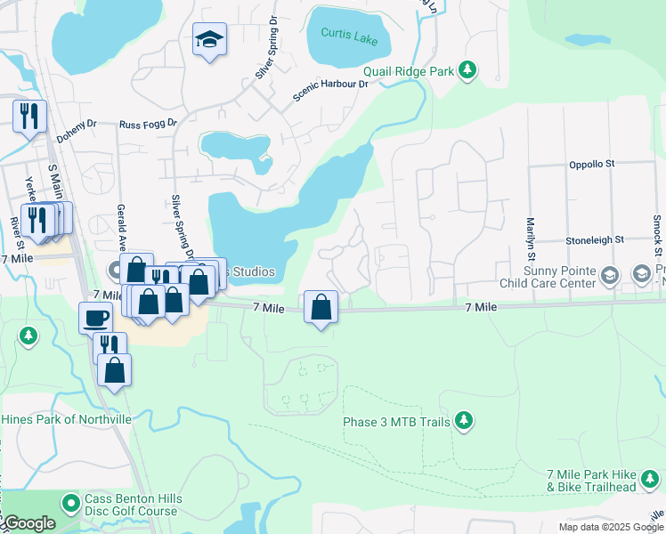 map of restaurants, bars, coffee shops, grocery stores, and more near 19369 East Harbour Village Drive in Northville
