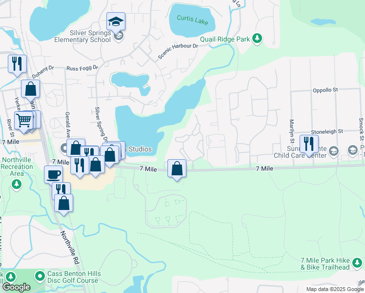 map of restaurants, bars, coffee shops, grocery stores, and more near 19369 East Harbour Village Drive in Northville