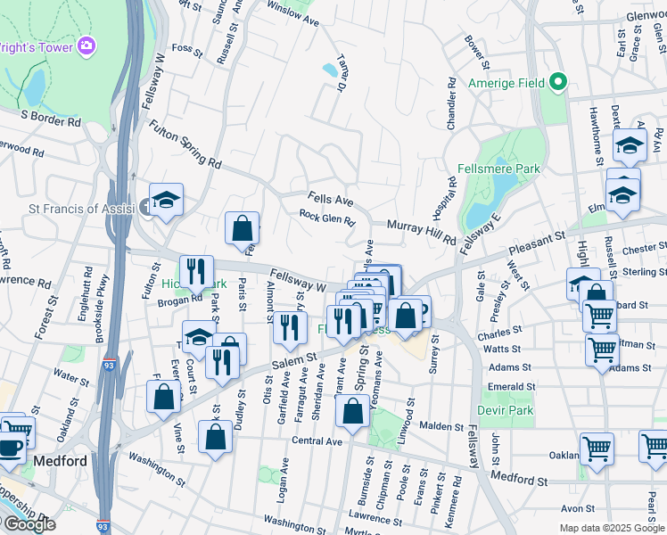 map of restaurants, bars, coffee shops, grocery stores, and more near 91 Dell Avenue in Medford