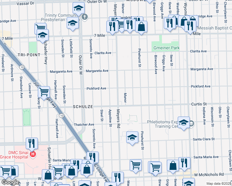map of restaurants, bars, coffee shops, grocery stores, and more near 18400 Meyers Road in Detroit