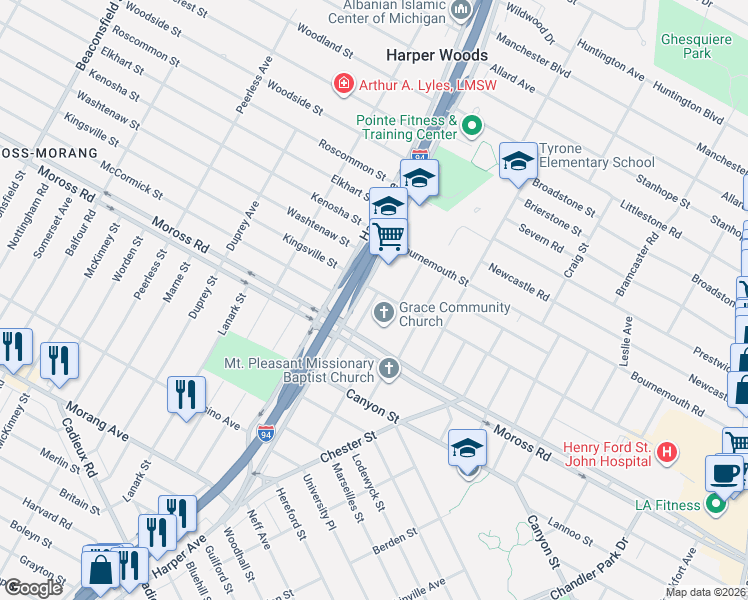 map of restaurants, bars, coffee shops, grocery stores, and more near 19202 Harper Avenue in Harper Woods