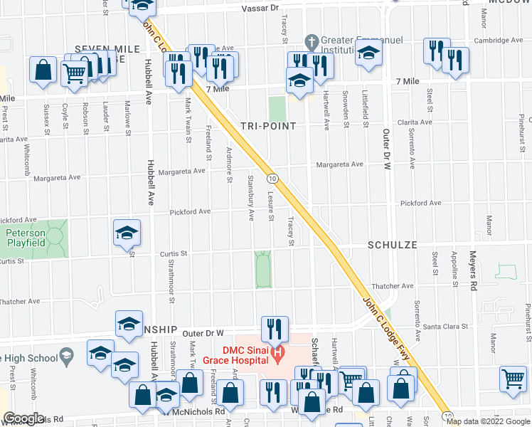 map of restaurants, bars, coffee shops, grocery stores, and more near 18307 Lesure Street in Detroit