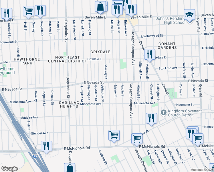 map of restaurants, bars, coffee shops, grocery stores, and more near 18001 Maine Street in Detroit
